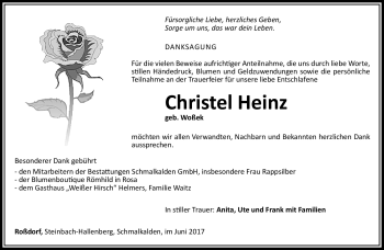 Traueranzeige von Christel Heinz von Südthüringer Presse