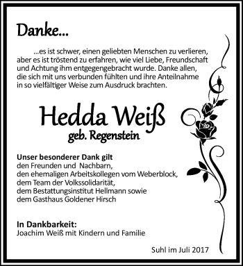 Traueranzeige von Hedda Weiß von Südthüringer Presse