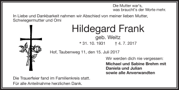 Traueranzeige von Hildegard Frank von Frankenpost