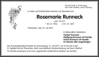 Traueranzeige von Rosemarie Runneck von Frankenpost