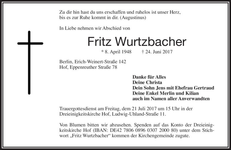 Traueranzeige für Fritz Wurtzbacher vom 15.07.2017 aus Frankenpost