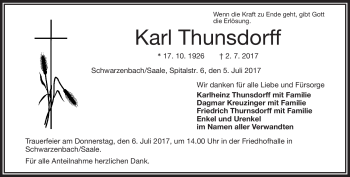Traueranzeige von Karl Thunsdorff von Frankenpost