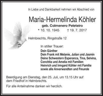 Traueranzeige von Maria-Hermelinda Köhler von Frankenpost