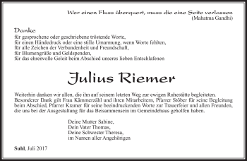 Traueranzeige von Julius Riemer von Südthüringer Presse