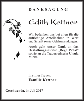 Traueranzeige von Edith Kettner von Südthüringer Presse
