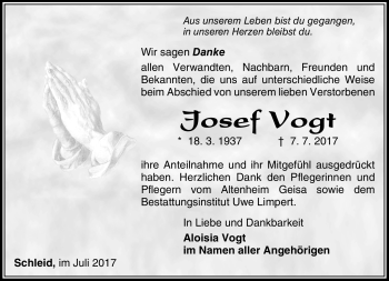 Traueranzeige von Josef Vogt von Südthüringer Presse