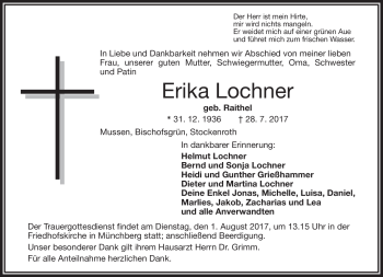 Traueranzeige von Erika Lochner von Frankenpost