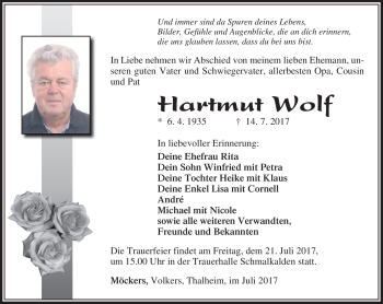 Traueranzeige von Hartmut Wolf von Südthüringer Presse