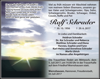 Traueranzeige von Ralf Schrader von Südthüringer Presse