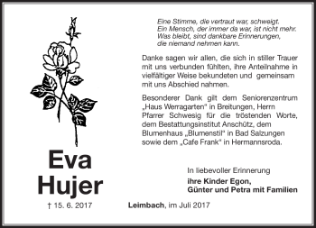 Traueranzeige von Eva Hujer von Südthüringer Presse