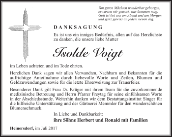 Traueranzeige von Isolde Voigt von Südthüringer Presse