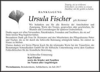Traueranzeige von Ursula Fischer von Südthüringer Presse