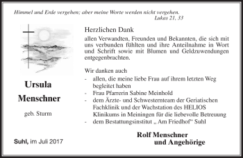 Traueranzeige von Ursula Menschner von Südthüringer Presse
