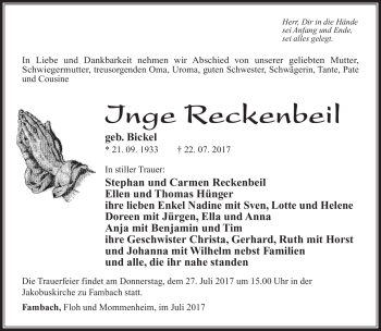 Traueranzeige von Inge Reckenbeil von Südthüringer Presse