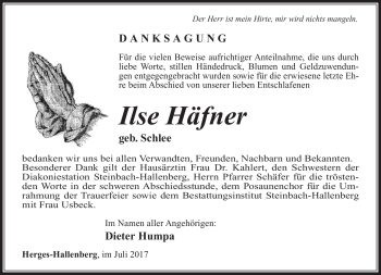 Traueranzeige von Ilse Häfner von Südthüringer Presse