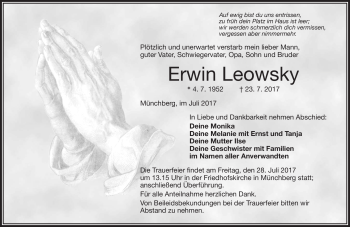 Traueranzeige von Erwin Leowsky von Frankenpost