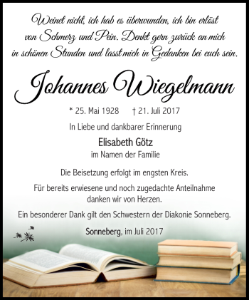 Traueranzeige von Johannes Wiegelmann von Südthüringer Presse