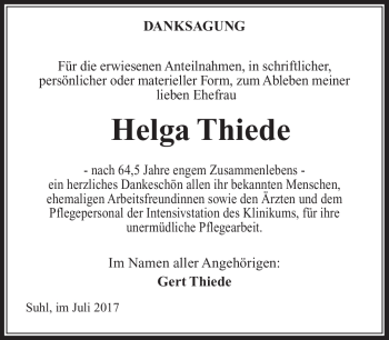 Traueranzeige von Helga Thiede von Südthüringer Presse