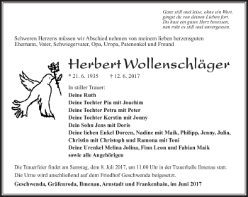 Traueranzeige von Herbert Wollenschläger von Südthüringer Presse