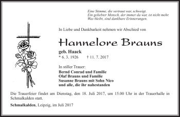 Traueranzeige von Hannelore Brauns von Südthüringer Presse