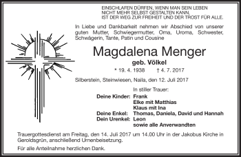 Traueranzeige von Magdalena Menger von Frankenpost