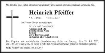 Traueranzeige von Heinrich Pfeiffer von Südthüringer Presse
