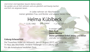Traueranzeige von Helma Küblbeck von Neue Presse Coburg