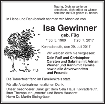 Traueranzeige von Isa Gewinner von Frankenpost