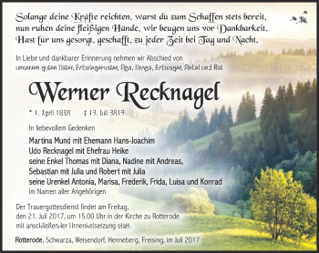 Traueranzeige von Werner Recknagel von Südthüringer Presse