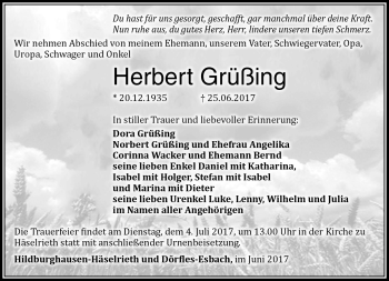 Traueranzeige von Herbert Grüßing von Südthüringer Presse