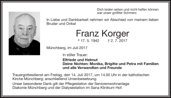 Traueranzeige von Franz Korger von Frankenpost