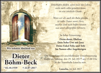 Traueranzeige von Dieter Böhm-Beck von Südthüringer Presse