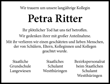 Traueranzeige von Petra Ritter von Südthüringer Presse