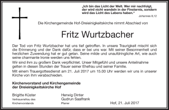 Traueranzeige von Fritz Wurtzbacher von Frankenpost