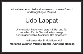 Traueranzeige von Udo Lappat von Frankenpost