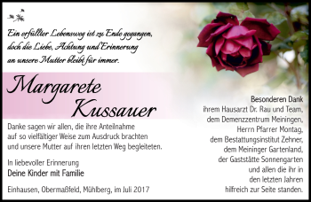 Traueranzeige von Margarete Kussauer von Südthüringer Presse
