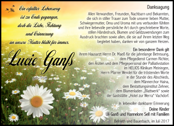 Traueranzeige von Lucie Ganß von Südthüringer Presse