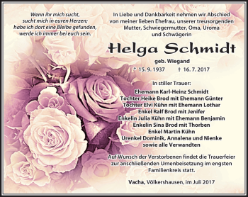 Traueranzeige von Helga Schmidt von Südthüringer Presse