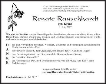 Traueranzeige von Renate Rauschhardt von Südthüringer Presse
