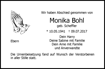 Traueranzeige von Monika Bohl von Neue Presse Coburg