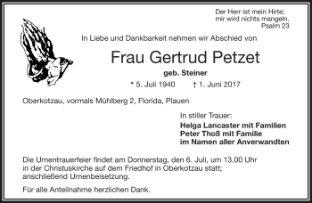 Traueranzeige von Gertrud Petzet von Frankenpost