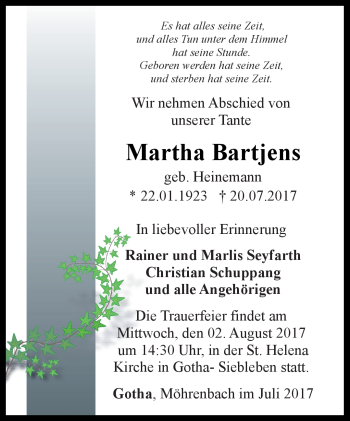 Traueranzeige von Martha Bartjens von Südthüringer Presse