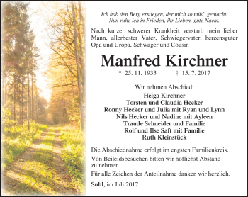 Traueranzeige von Manfred Kirchner von Südthüringer Presse