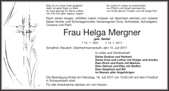 Traueranzeige von Helga Mergner von Frankenpost