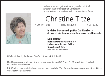 Traueranzeige von Christine Titze von Neue Presse Coburg