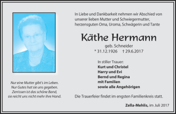 Traueranzeige von Käthe Hermann von Südthüringer Presse