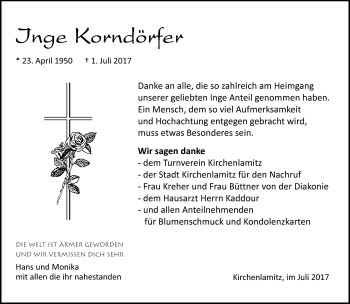 Traueranzeige von Inge Korndörfer von Frankenpost