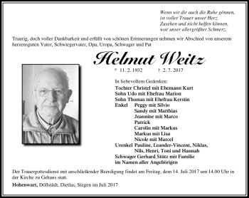 Traueranzeige von Helmut Weitz von Südthüringer Presse