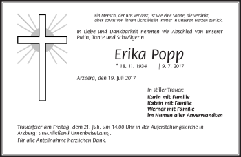 Traueranzeige von Erika Popp von Frankenpost