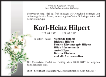 Traueranzeige von Karl-Heinz Hilpert von Südthüringer Presse
